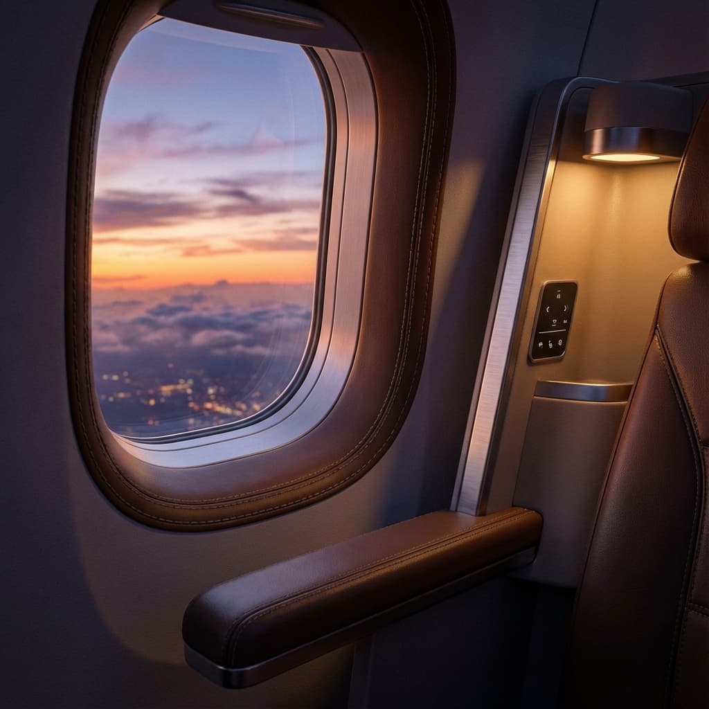 View from business class window at sunset