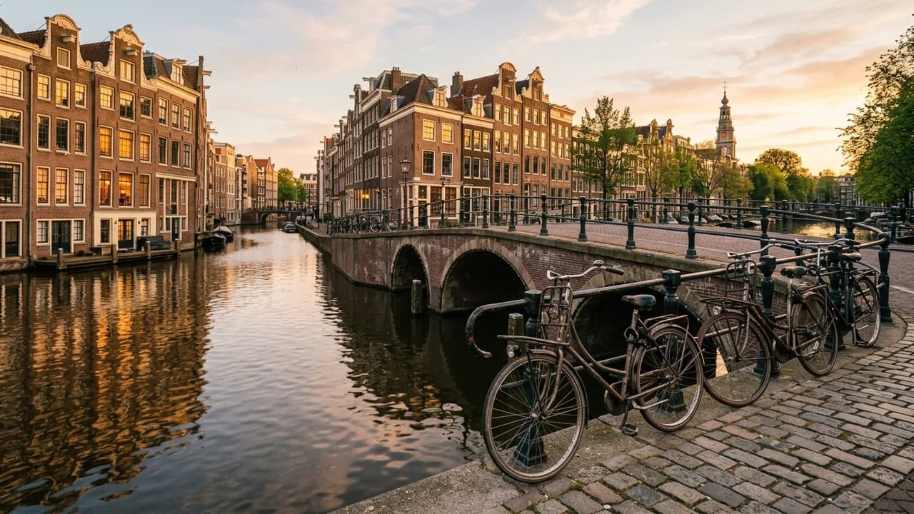 Amsterdam canal houses at golden hour