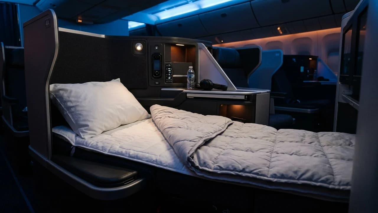 Business class lie-flat seat with plush white duvet and pillow
