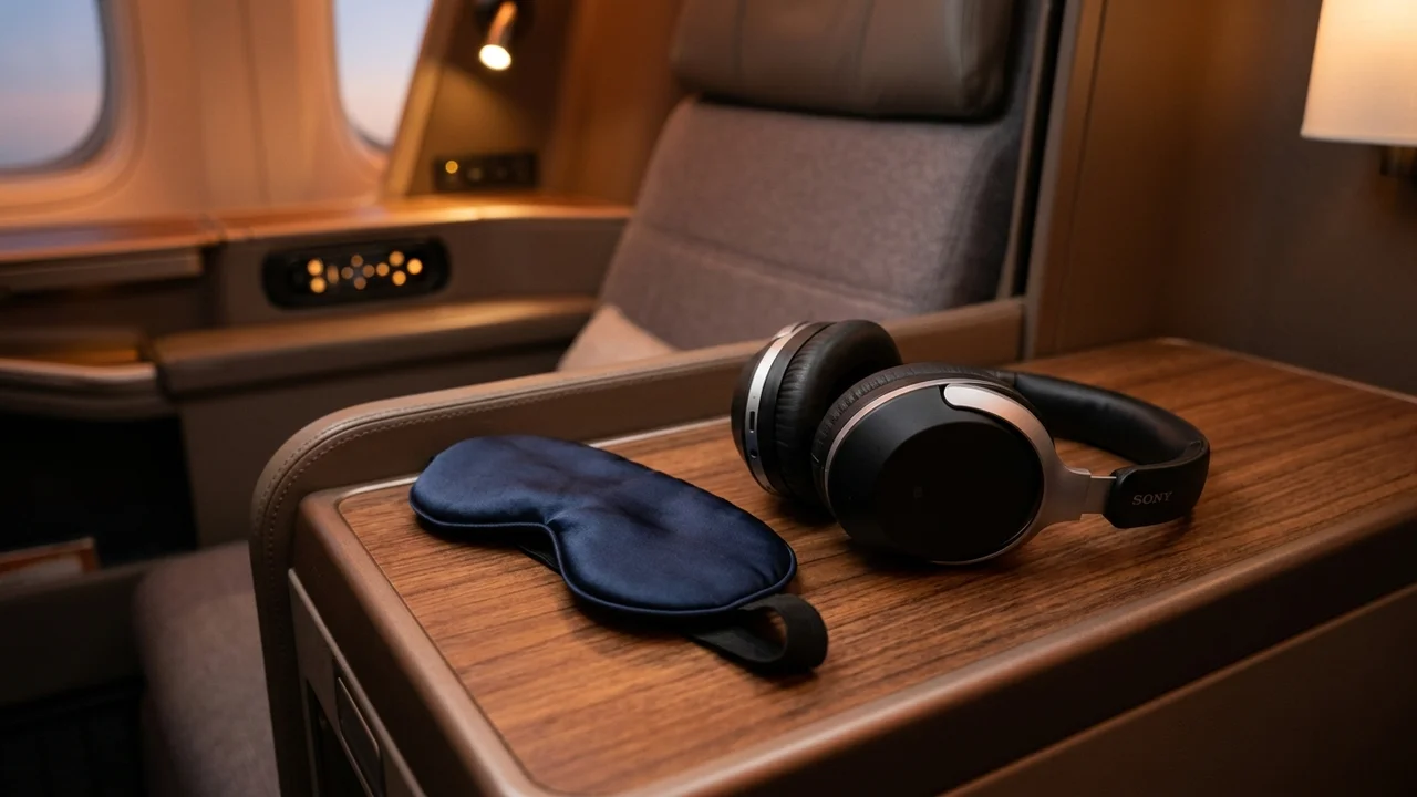 Noise-canceling headphones and luxury eye mask on aircraft console