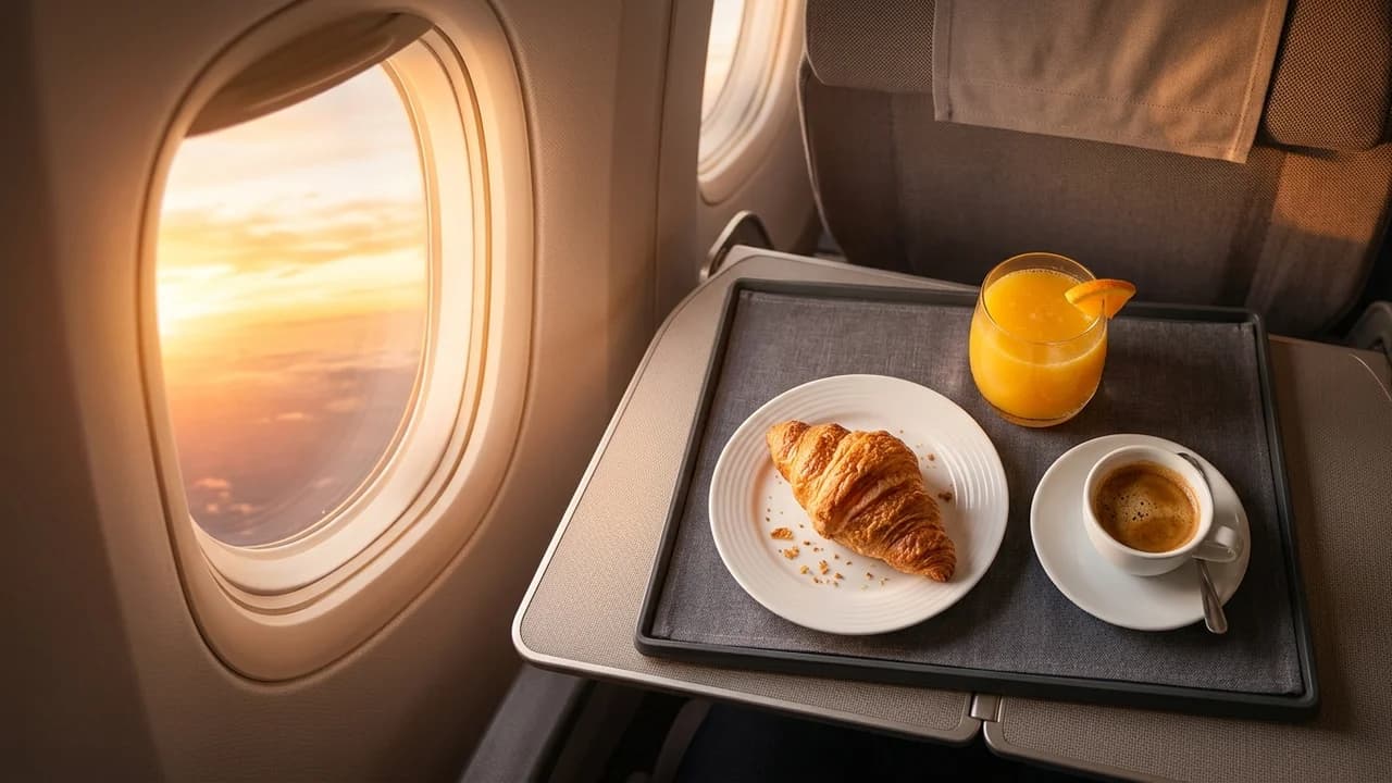 Espresso coffee and fresh pastry on business class tray table at dawn