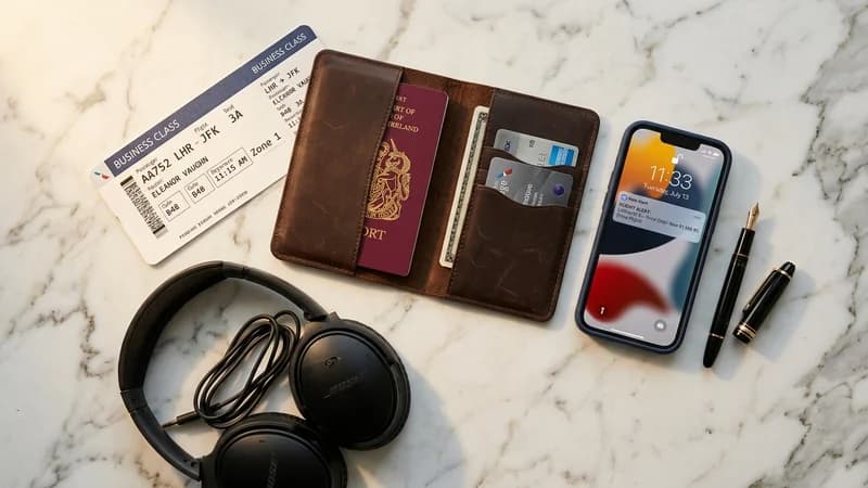 Business class travel essentials flat-lay