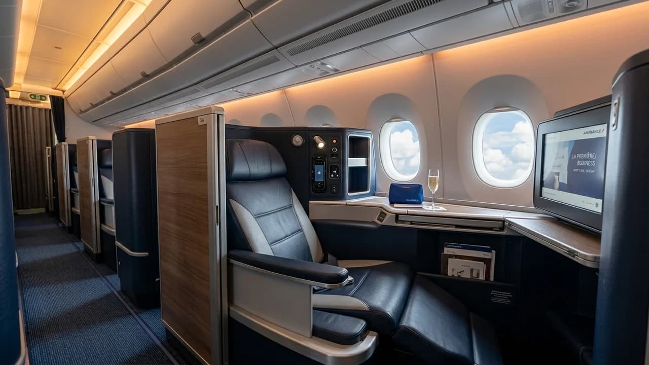 Air France business class cabin with lie-flat suite and premium amenities