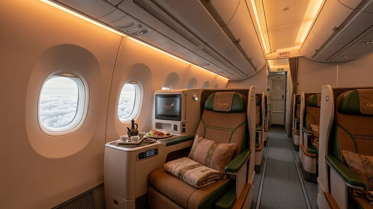 Ethiopian Airlines business class cabin with lie-flat suite and premium amenities