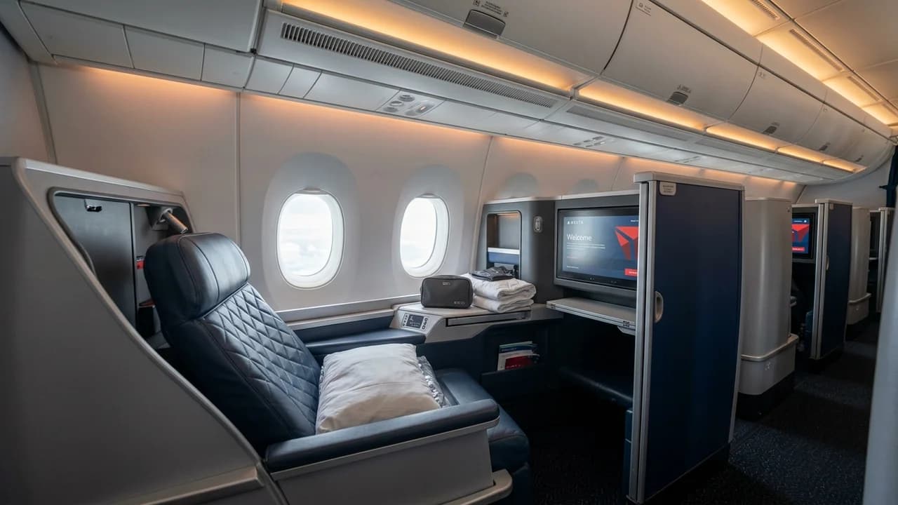 Delta business class cabin with lie-flat suite and premium amenities