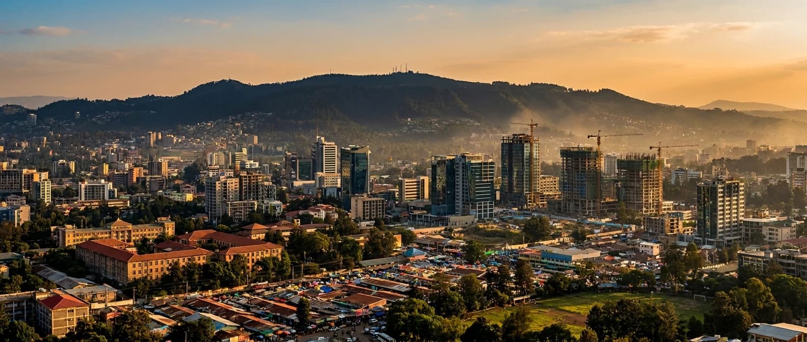 Panoramic view of Addis Ababa with Entoto Mountains and modern cityscape