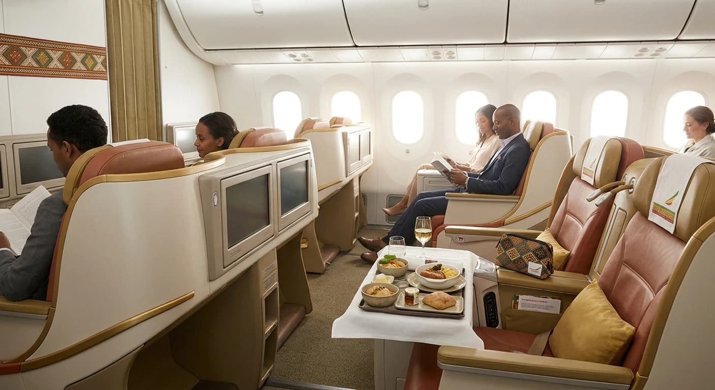 Ethiopian Airlines Cloud Nine business class cabin with lie-flat seats and premium amenities