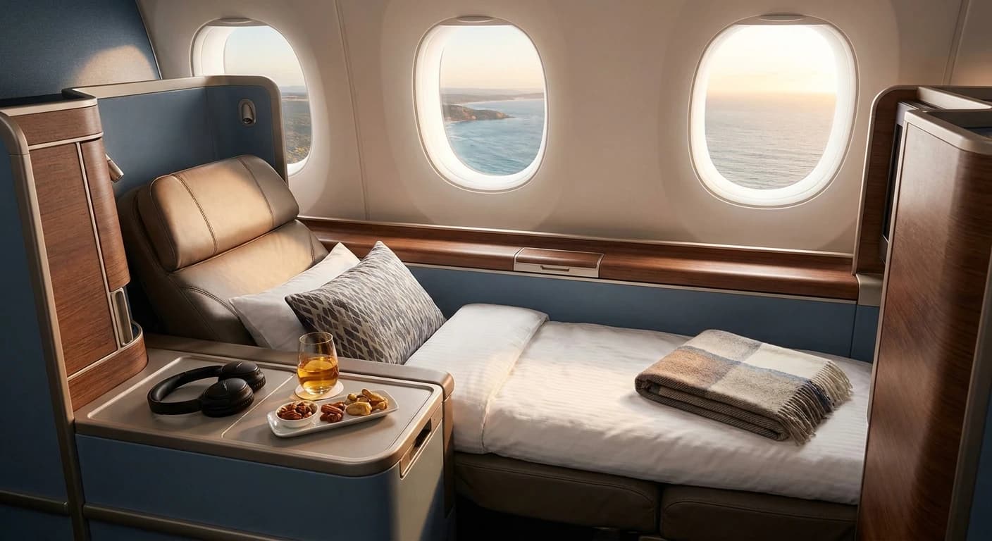 Business class cabin with lie-flat suite and premium amenities for Adelaide flights