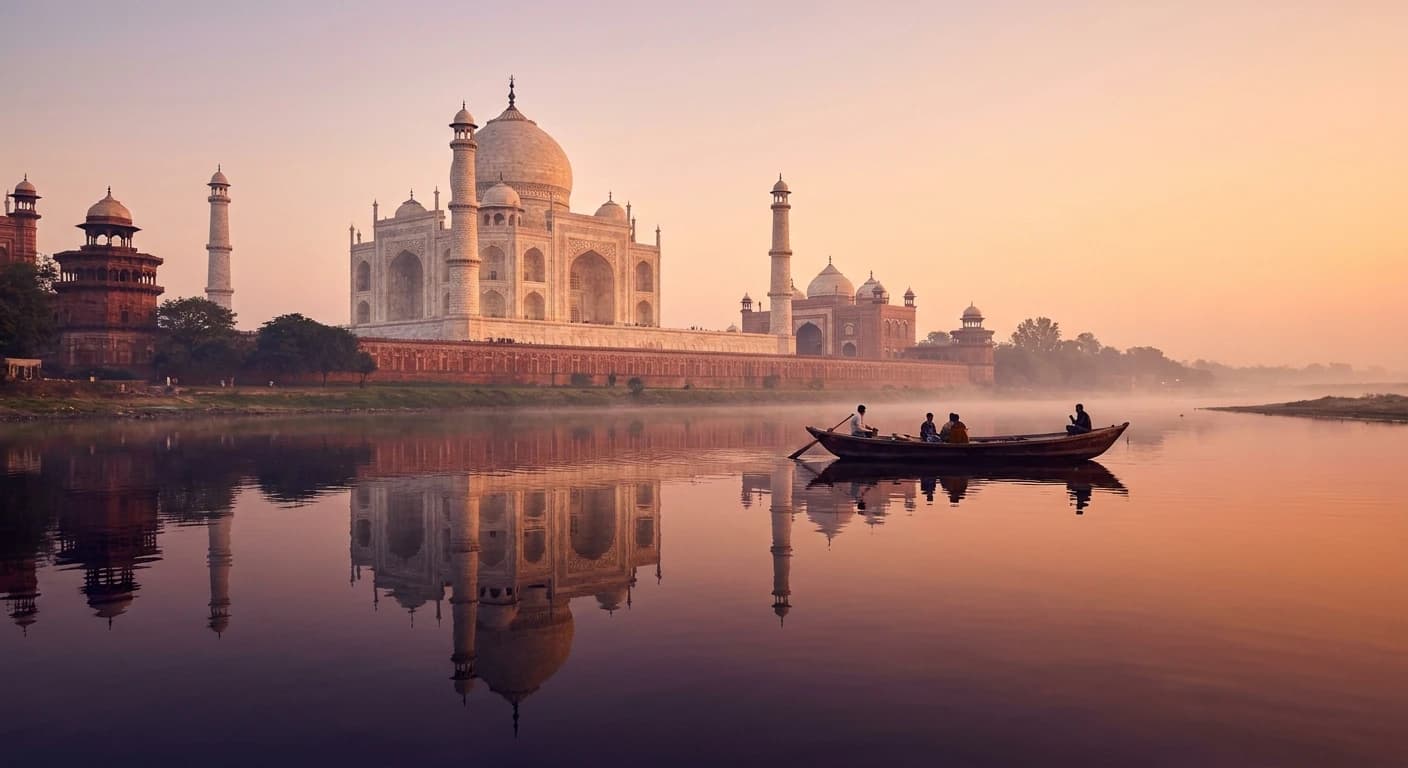 The Taj Mahal at sunrise with reflection in the Yamuna River