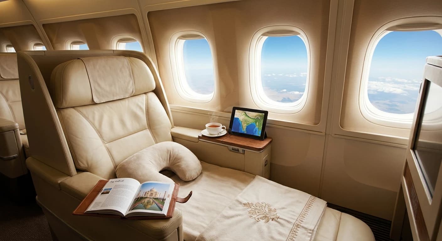 Business class lie-flat suite on Gulf carrier flight to Delhi for Agra travel