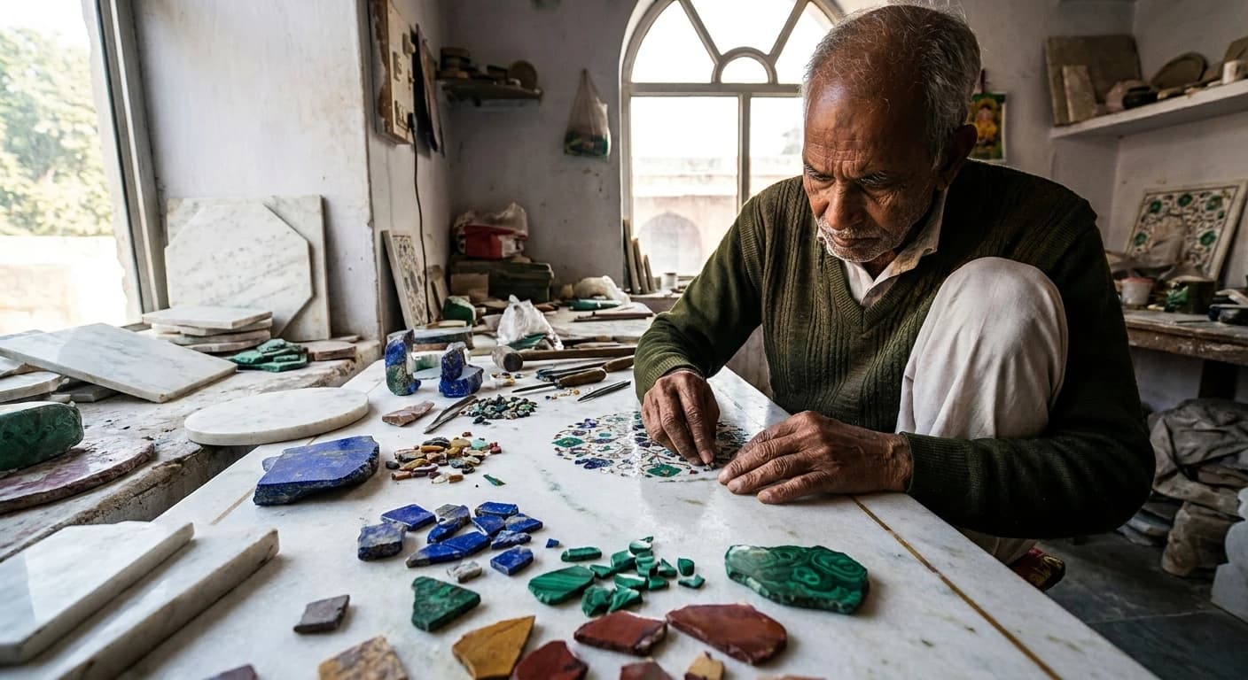 Artisan creating intricate pietra dura marble inlay in traditional Agra workshop