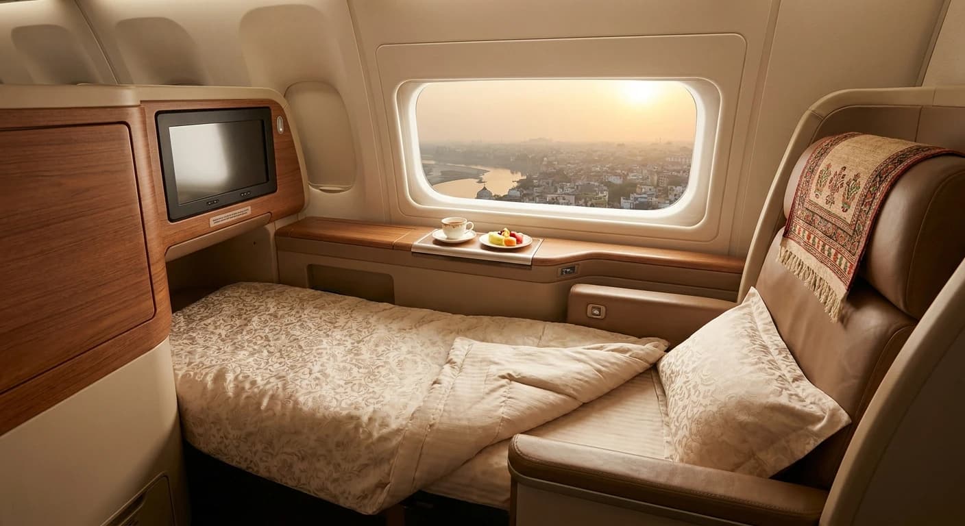Premium business class suite with lie-flat bed on a flight to Ahmedabad