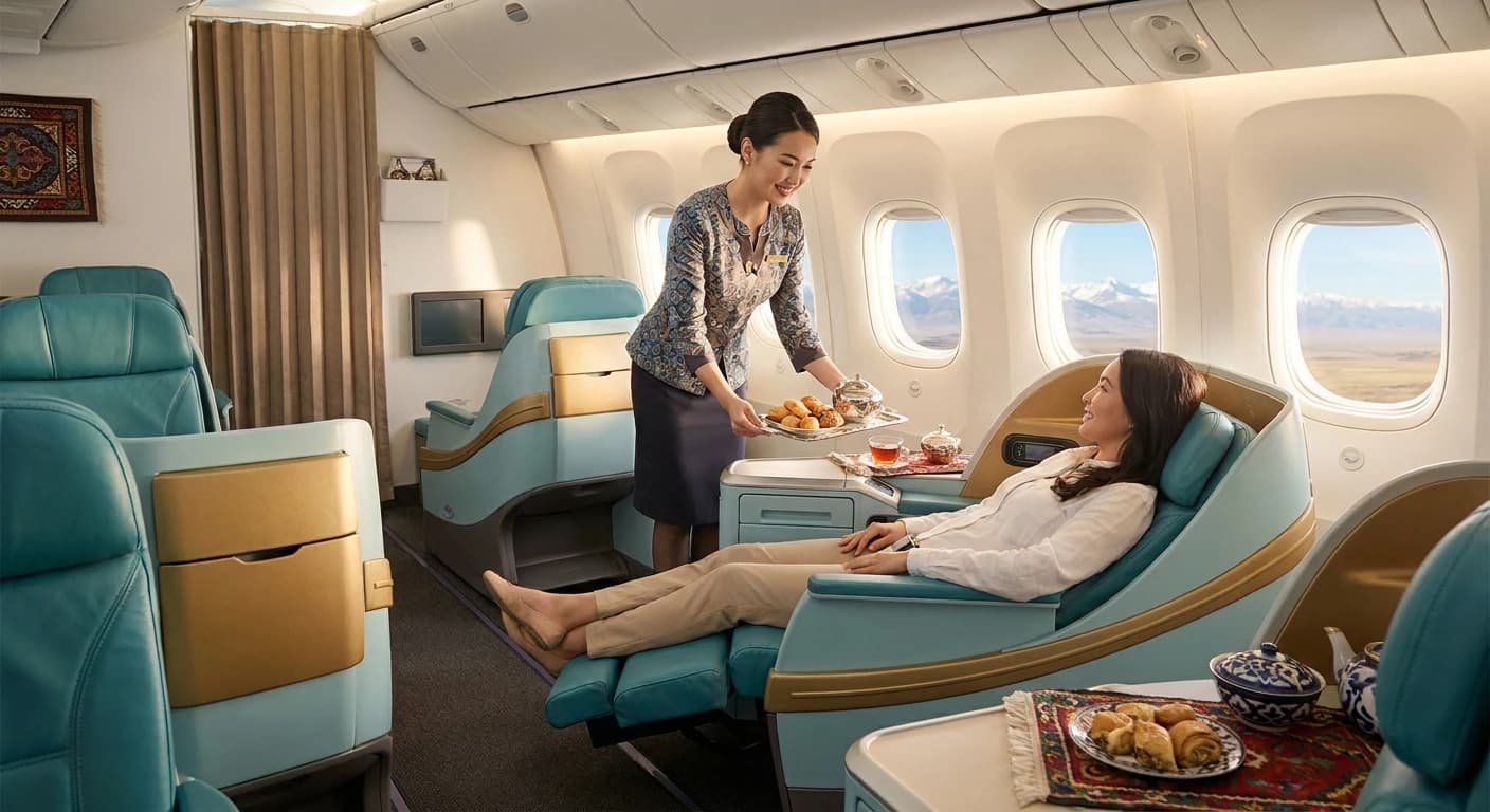 Air Astana business class cabin with lie-flat seats and Central Asian hospitality