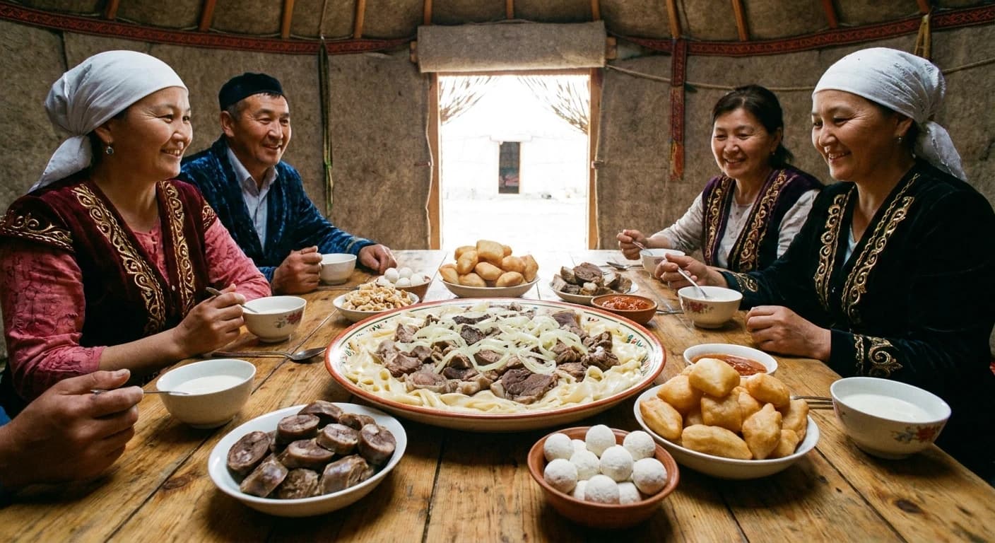 Traditional Kazakh cuisine with beshbarmak and Central Asian specialties