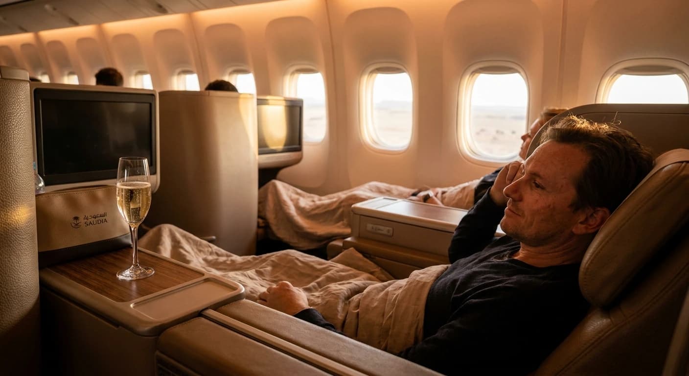 Lie-flat business class cabin seat with premium bedding and amenity kit