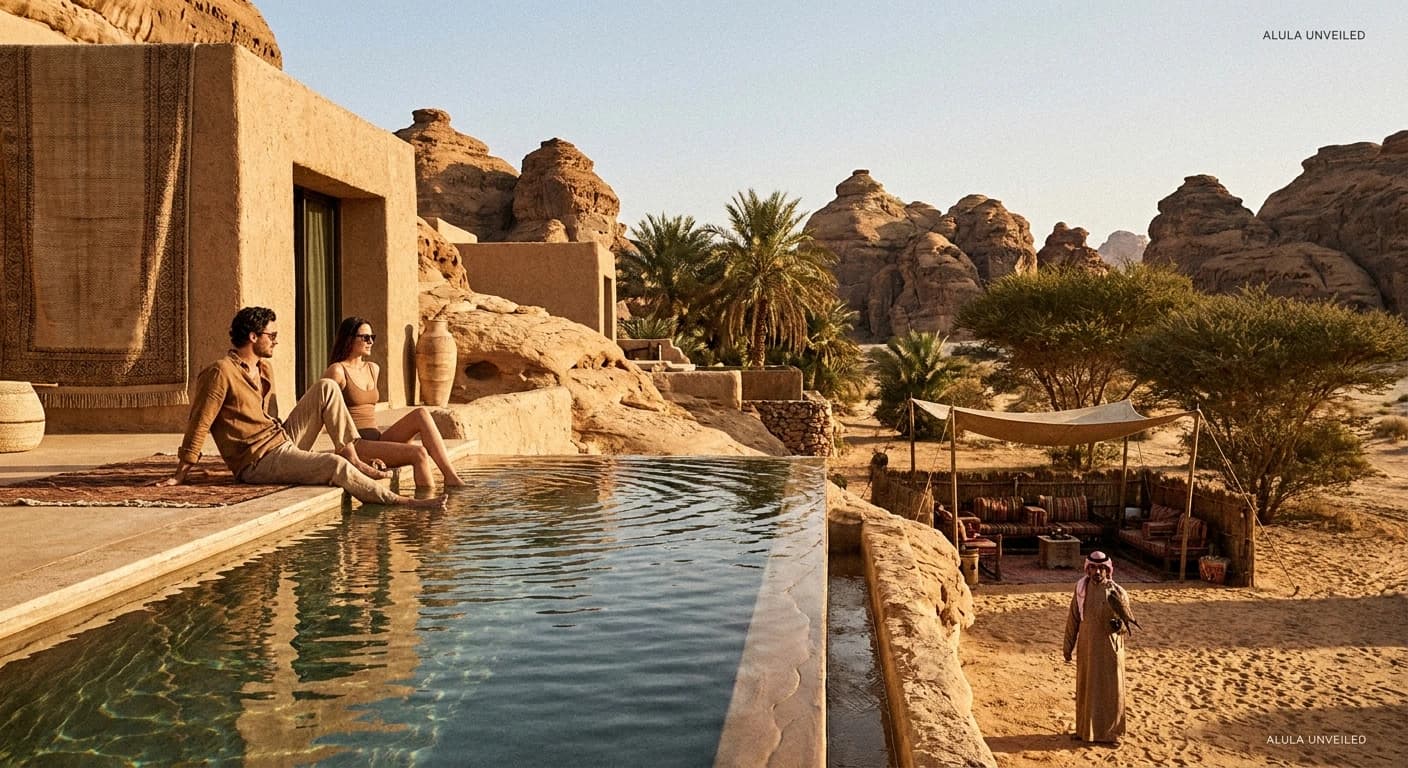 Luxury desert resort tented villa with private pool overlooking sandstone cliffs in AlUla