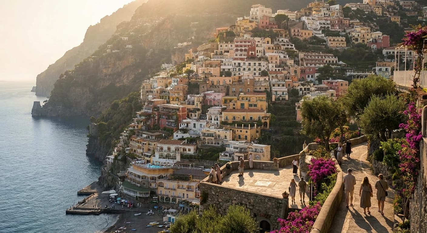 Iconic Amalfi Cathedral and colorful coastal village cascading to the Tyrrhenian Sea
