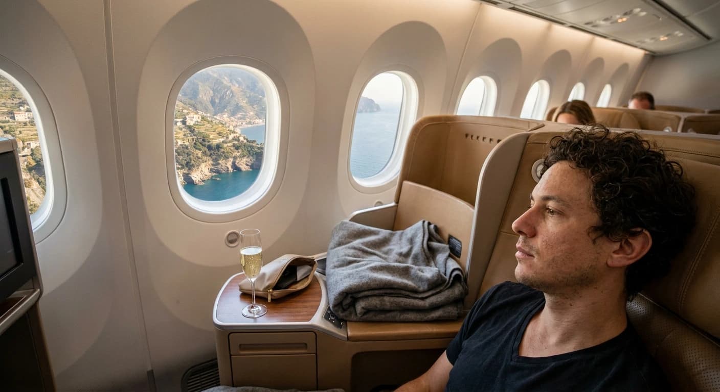 Lie-flat business class cabin with premium Italian amenities and elegant dining service