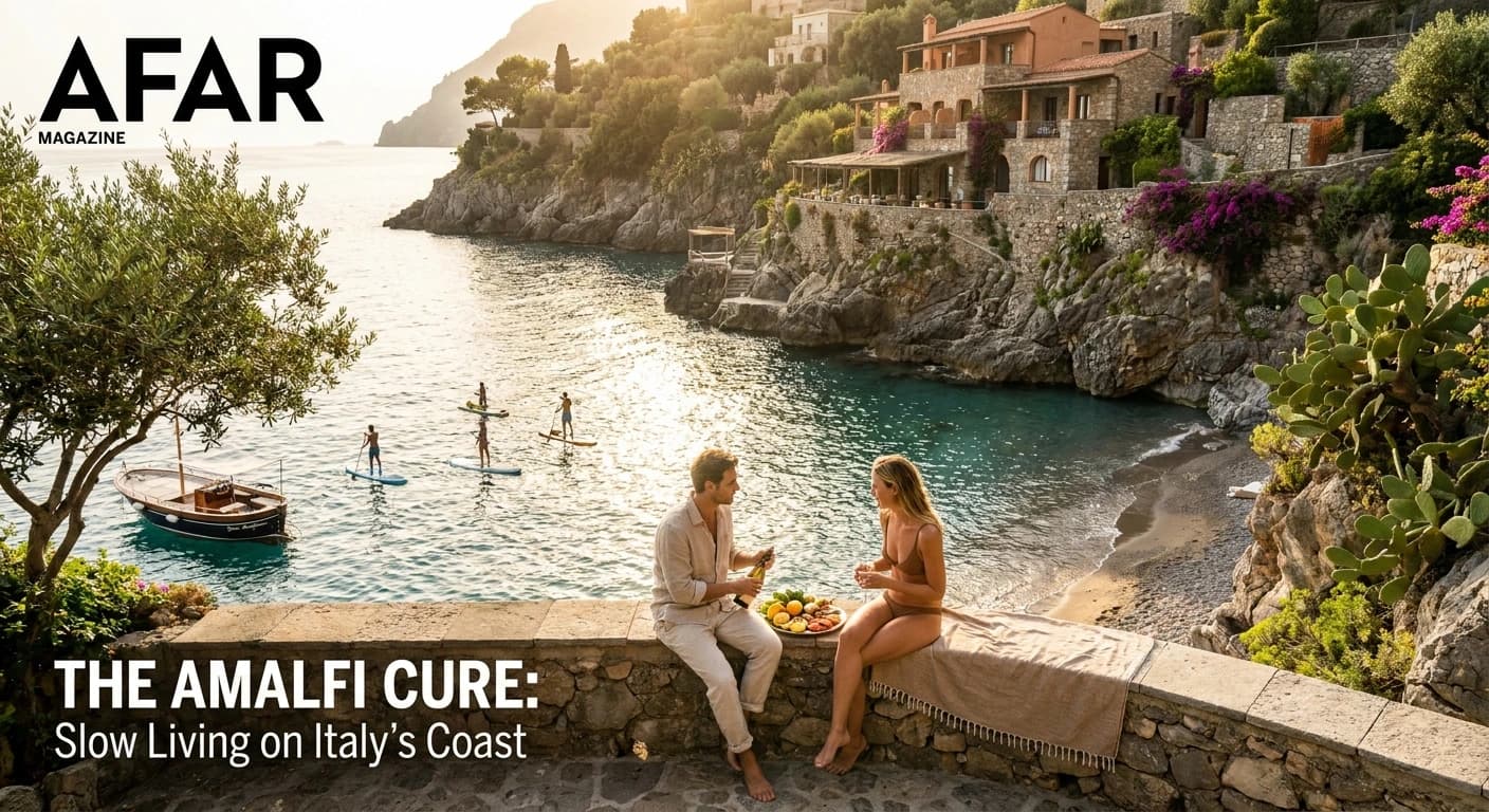 Infinity pool overlooking the Amalfi Coast at a clifftop luxury hotel at golden hour