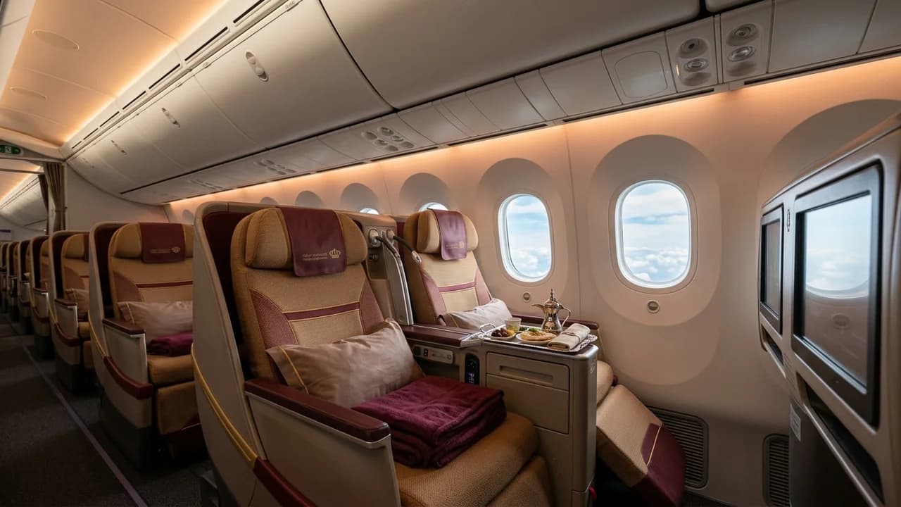 Royal Jordanian business class cabin with lie-flat suite and premium amenities