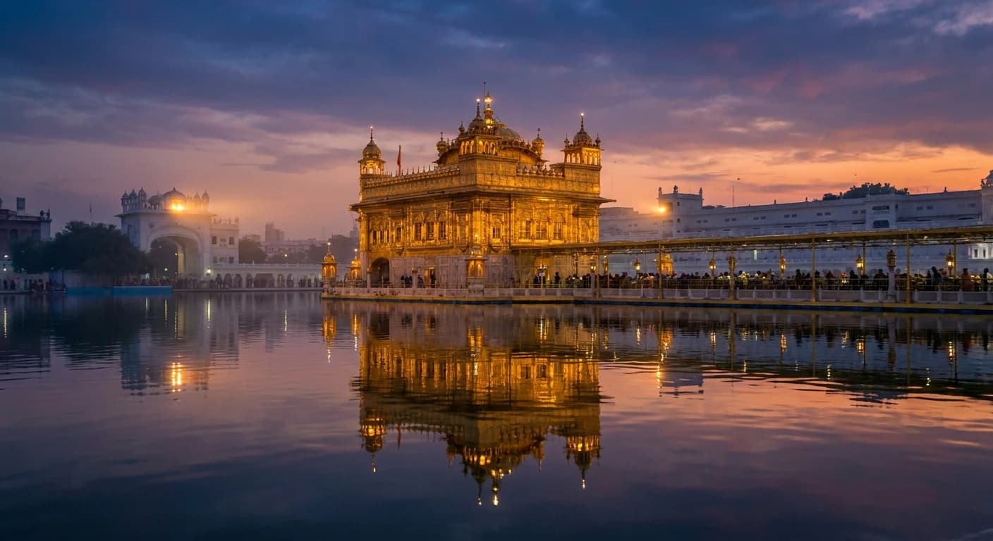 The Golden Temple of Amritsar illuminated at dusk reflecting in the Amrit Sarovar