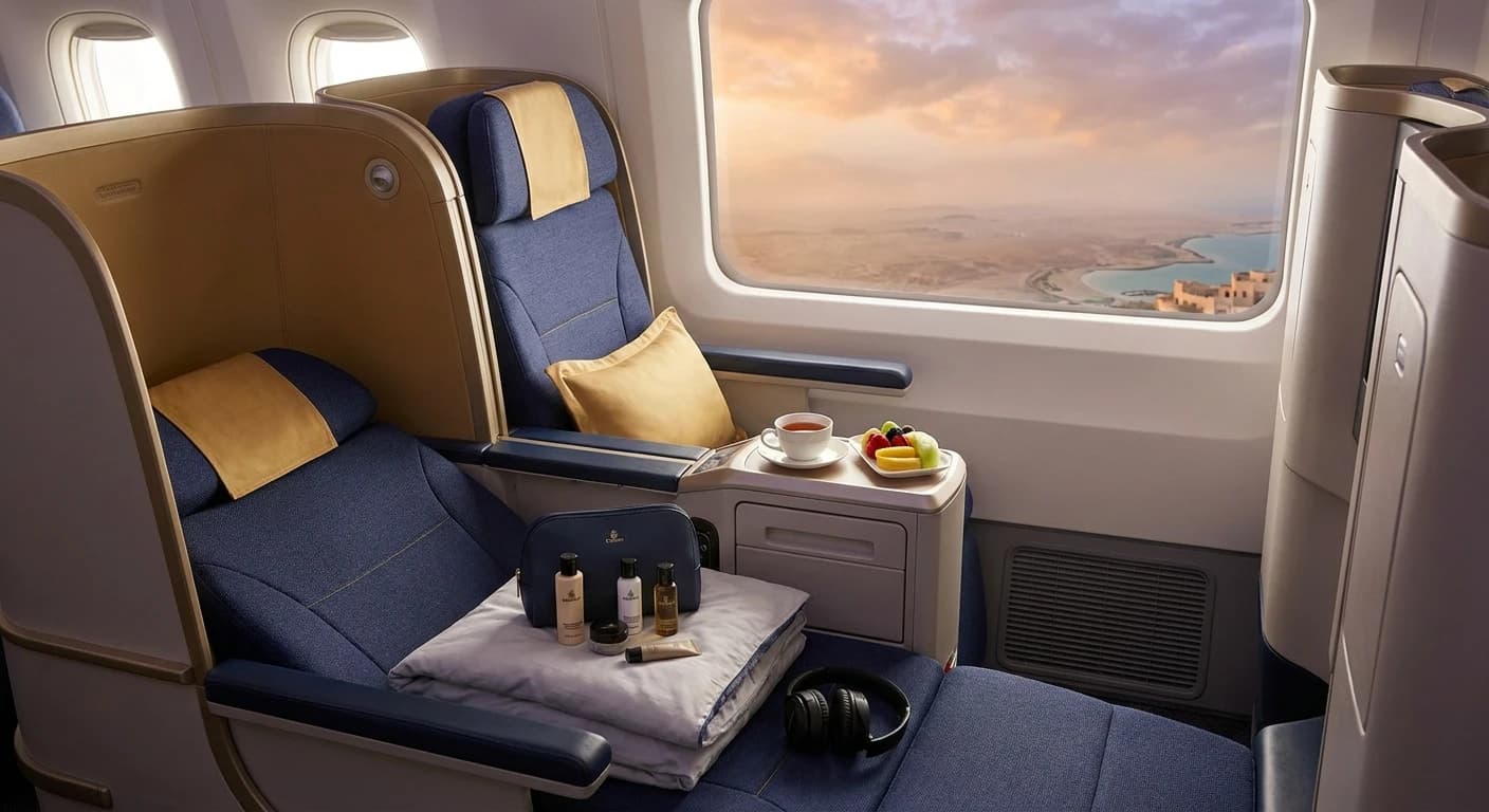 Business class lie-flat suite with premium amenities on Gulf carrier to India