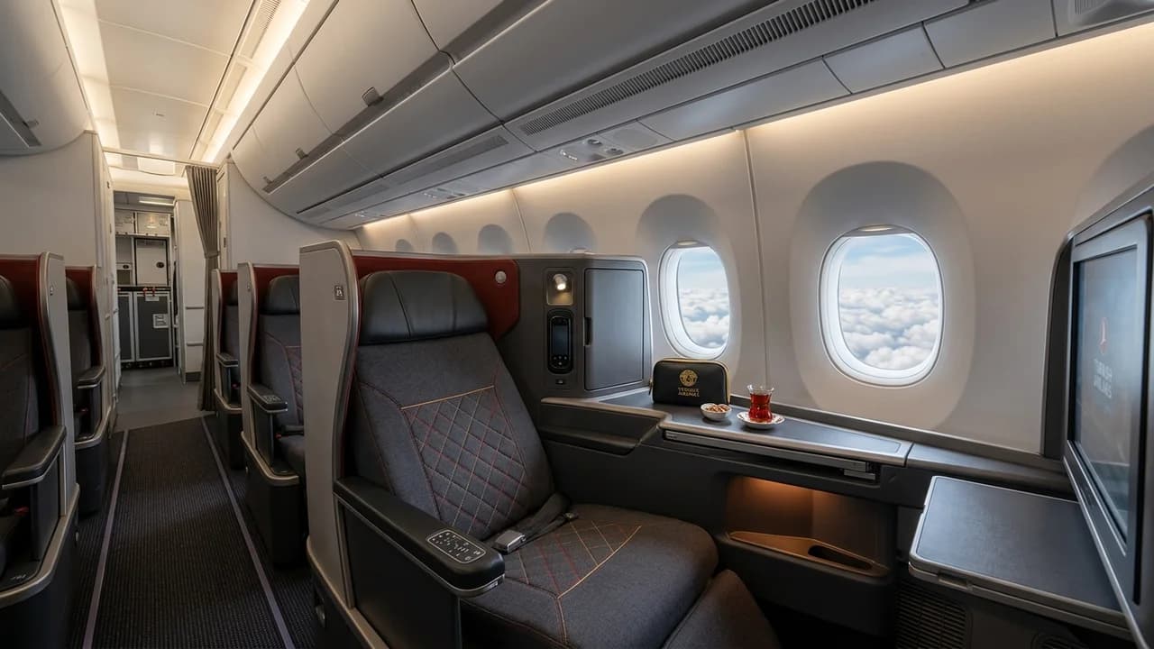 Turkish Airlines business class cabin with lie-flat suite and premium amenities