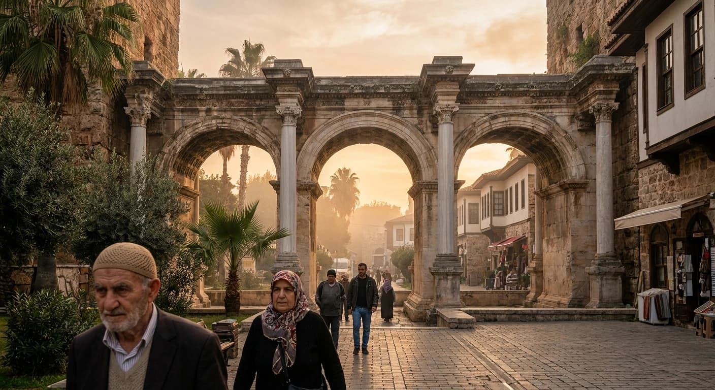 Hadrian's Gate and Roman harbor in Kaleiçi old town, Antalya at golden hour