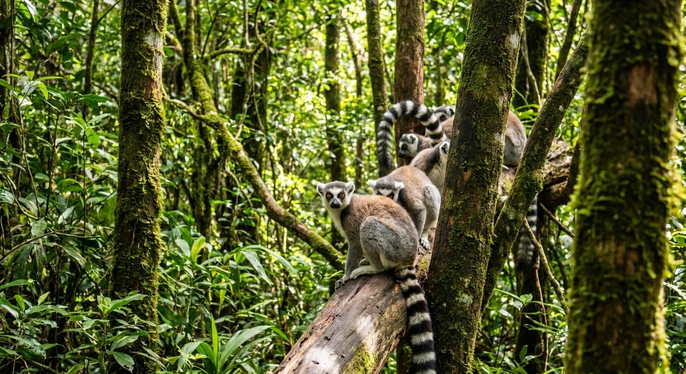 Ring-tailed lemurs in a Madagascar rainforest near Antananarivo