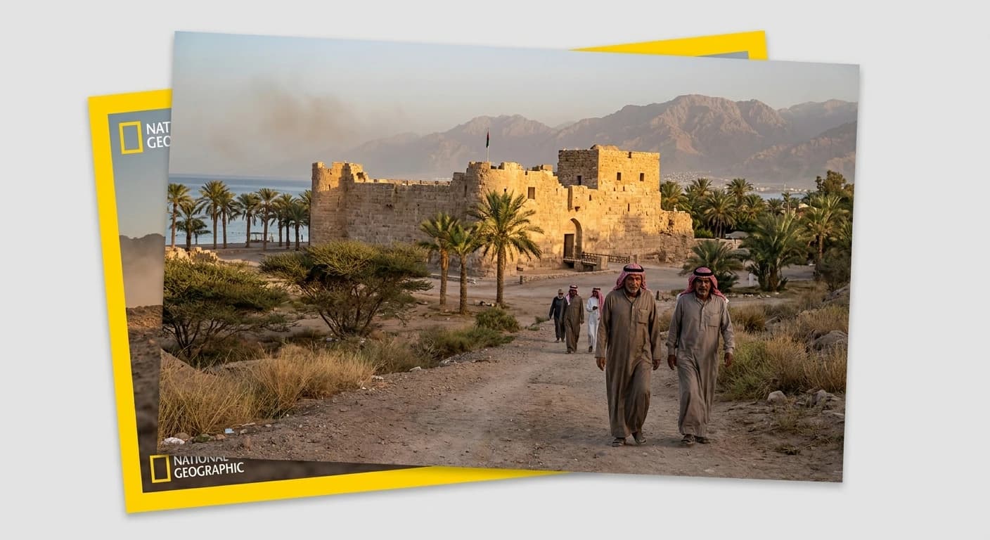 Aqaba Castle and Red Sea waterfront with coral reef waters at golden hour