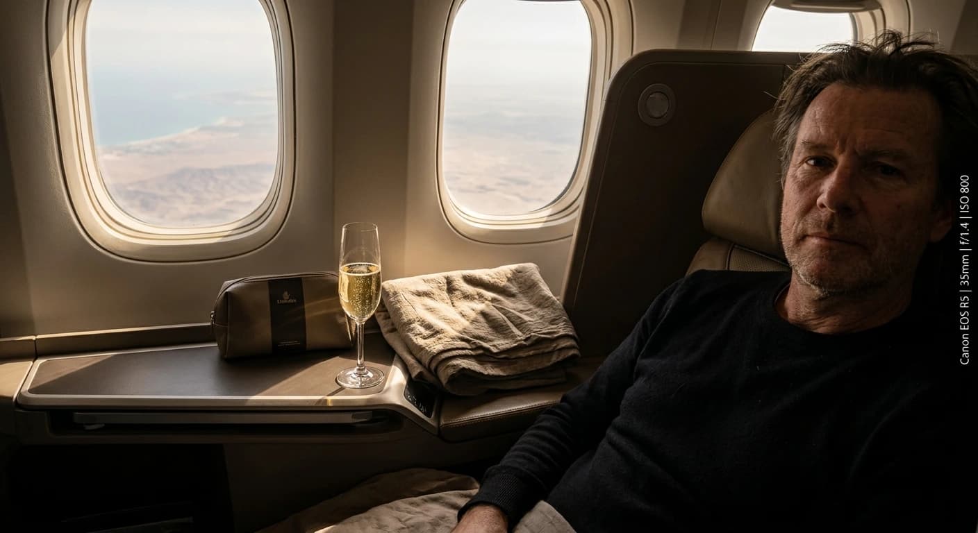 Business class lie-flat seat with premium bedding and Red Sea destination amenity kit