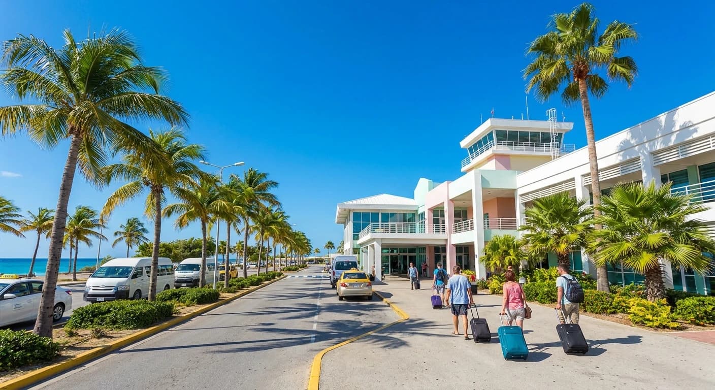 Queen Beatrix International Airport terminal in Aruba with clear Caribbean skies