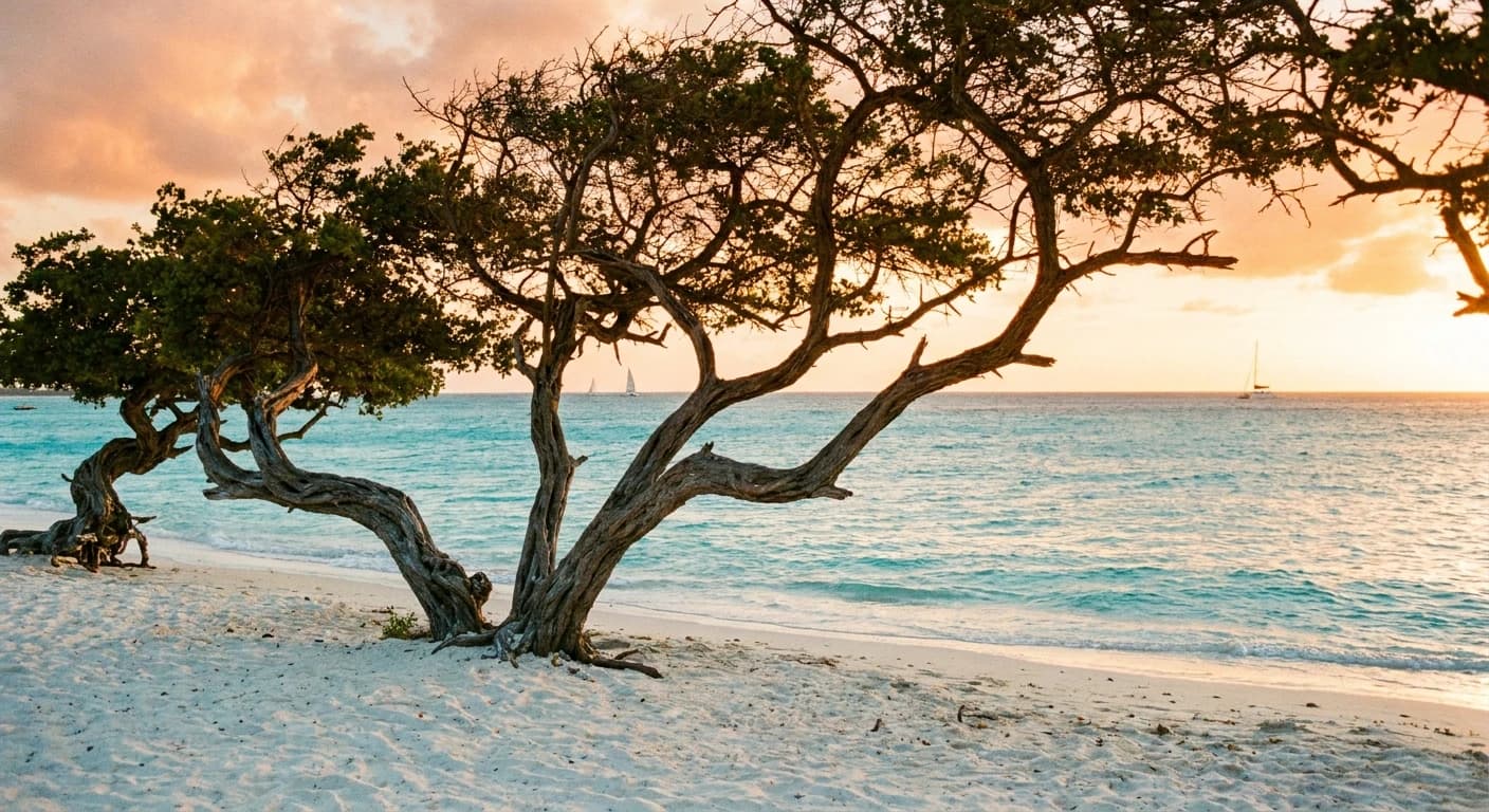 Eagle Beach Aruba with iconic fofoti trees and turquoise Caribbean water at golden hour