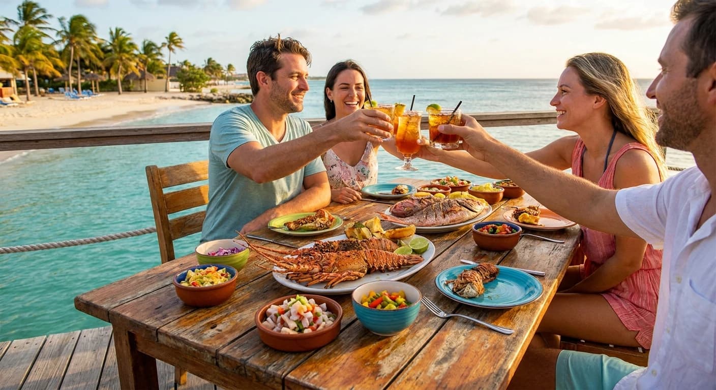Fresh Caribbean seafood dining experience at a waterfront restaurant in Aruba