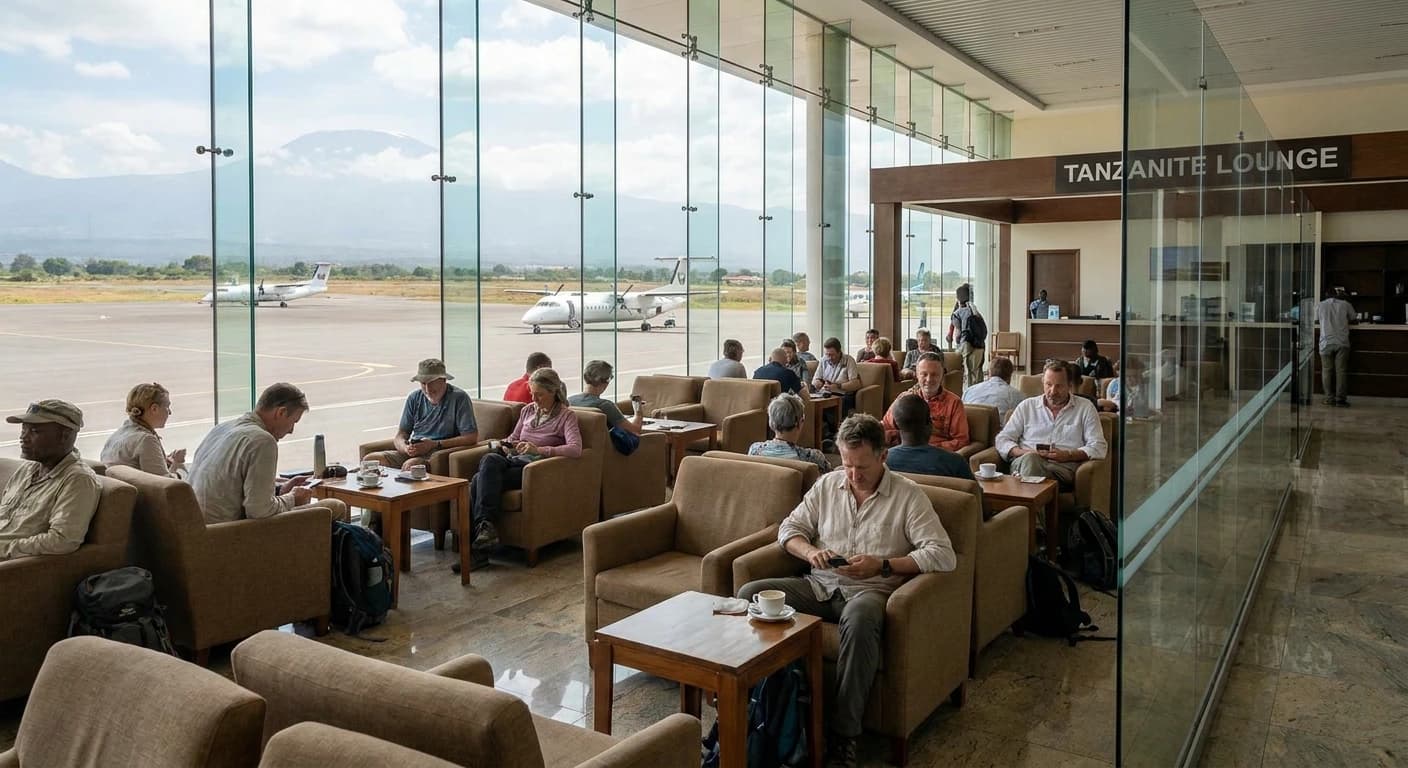 Kilimanjaro International Airport terminal with Mount Kilimanjaro visible in the distance