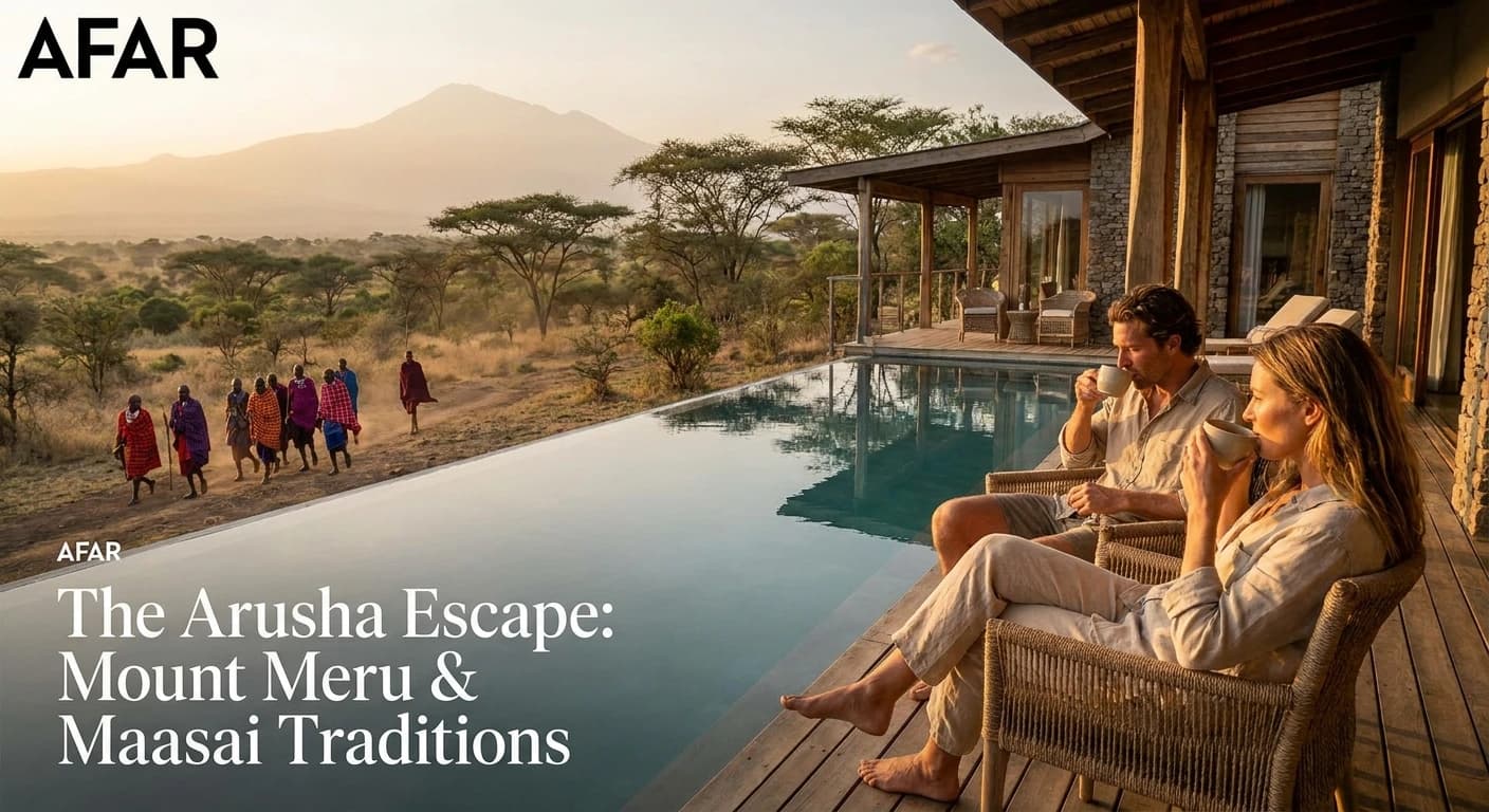 Luxury safari lodge deck overlooking the Serengeti plains at sunset with infinity pool