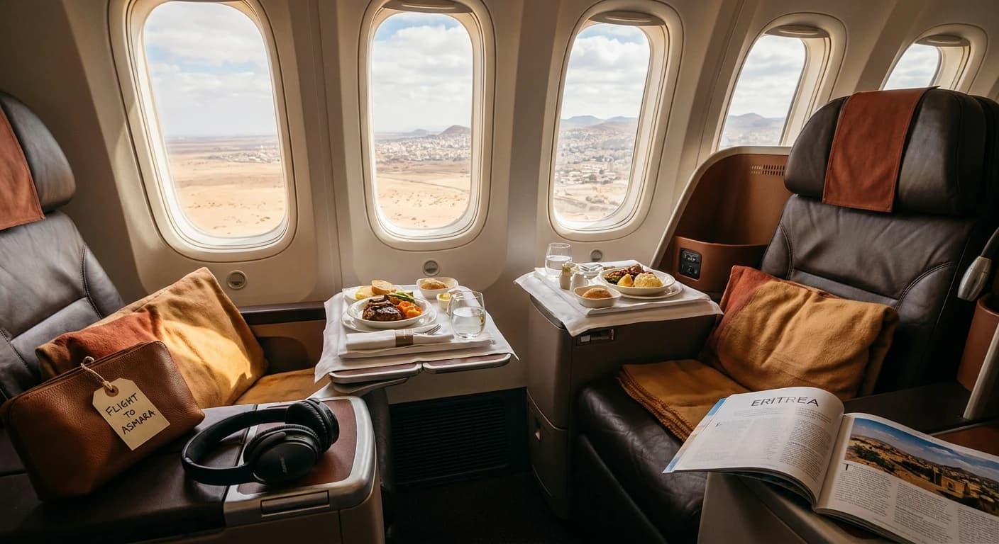 Business class cabin with premium amenities on a flight to Asmara