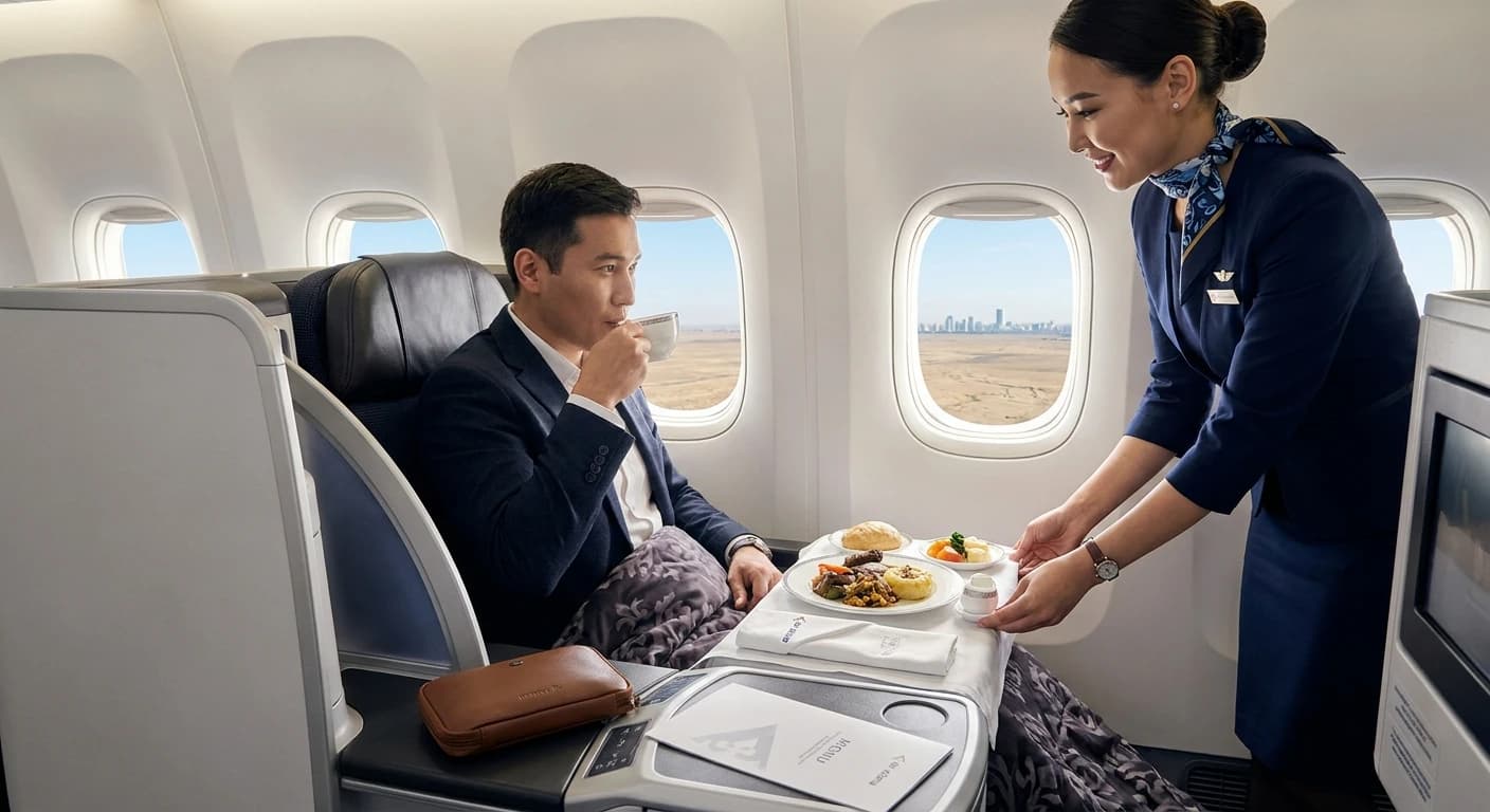 Air Astana business class service with premium amenities en route to Astana