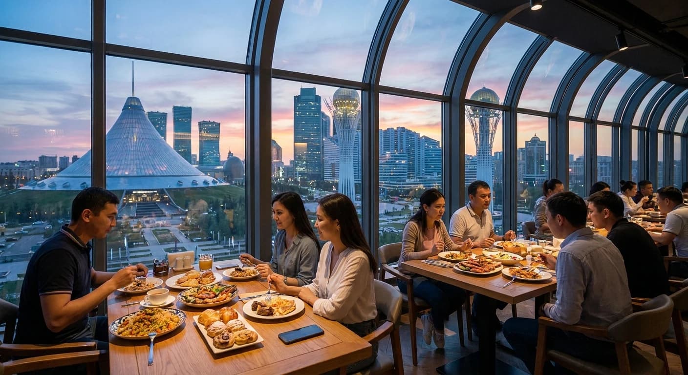 Modern Astana dining scene with city skyline views and international cuisine