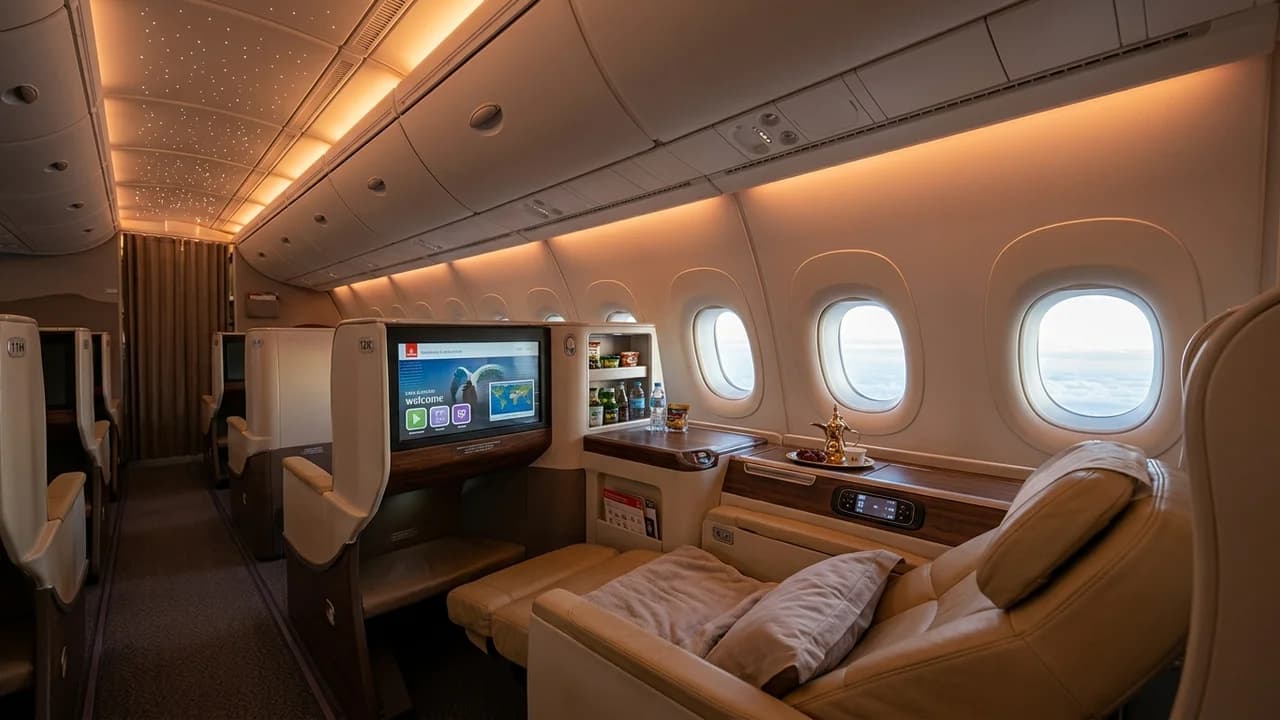 Emirates business class cabin with lie-flat suite and premium amenities
