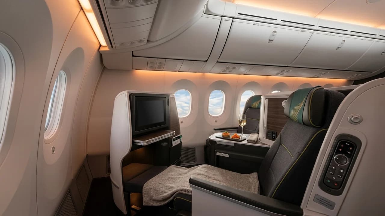 Air New Zealand business class cabin with lie-flat suite and premium amenities