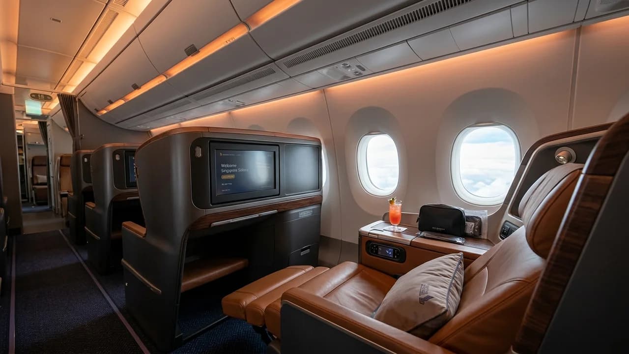 Singapore Airlines business class cabin with lie-flat suite and premium amenities