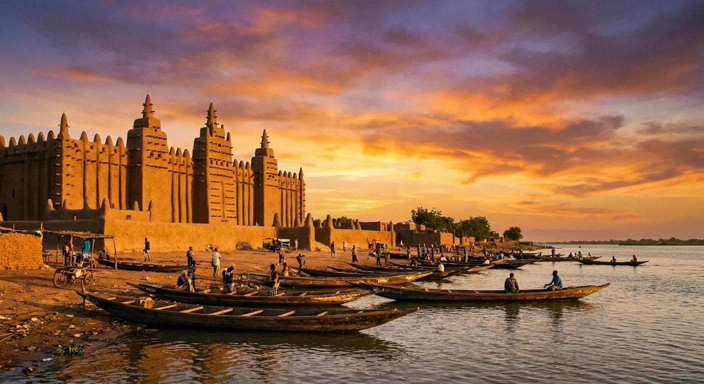 Grand Mosque of Bamako and the Niger River skyline at golden hour in Mali