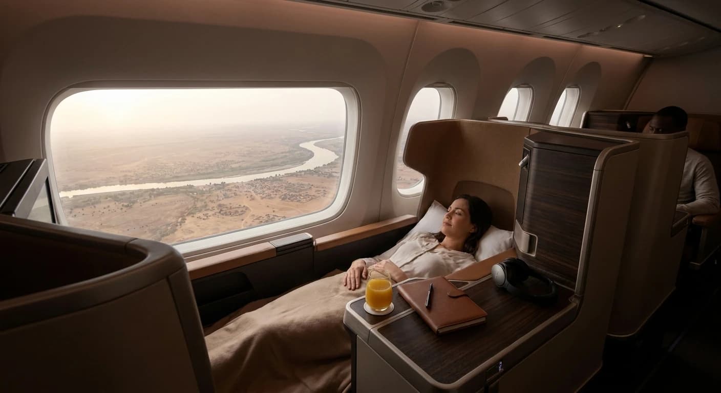 Business class lie-flat seat cabin on a long-haul flight to Bamako, Mali