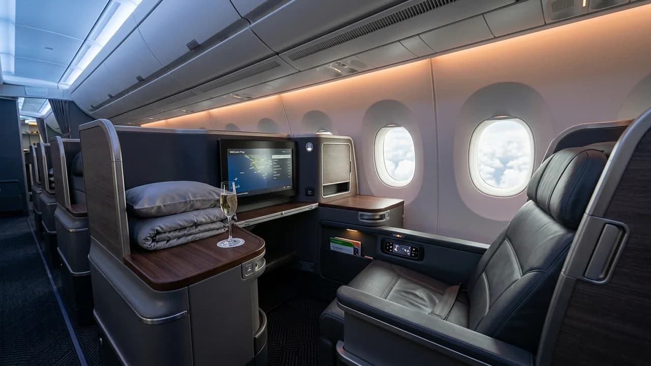 Thai Airways business class cabin with lie-flat suite and premium amenities