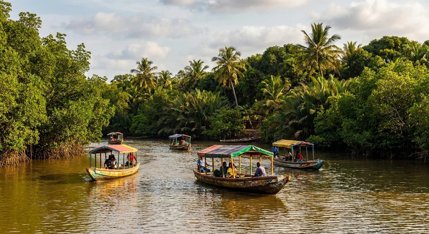 River Gambia with traditional boats and lush riverbank vegetation