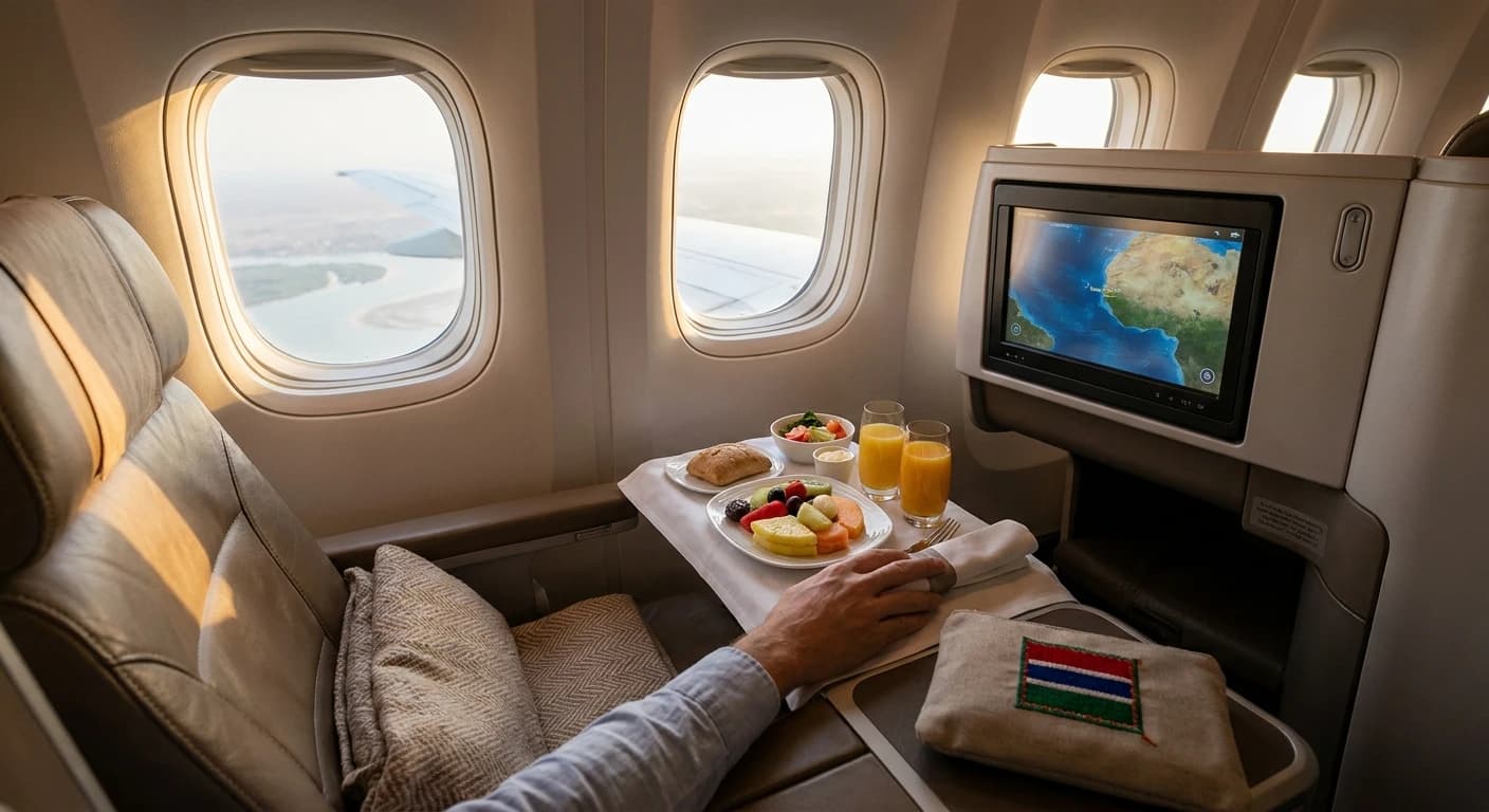 Business class cabin with premium amenities on a flight to Banjul
