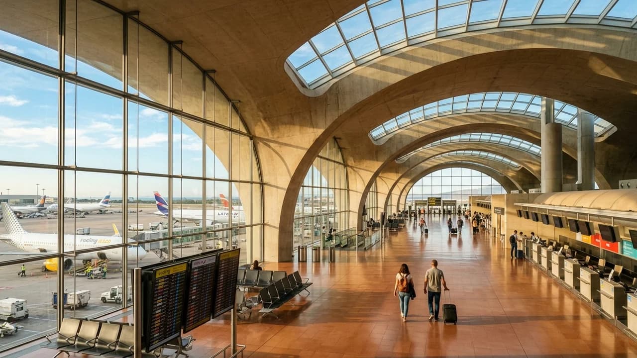 Barcelona El Prat Airport Terminal 1 with Ricardo Bofill architecture and Mediterranean sunlight