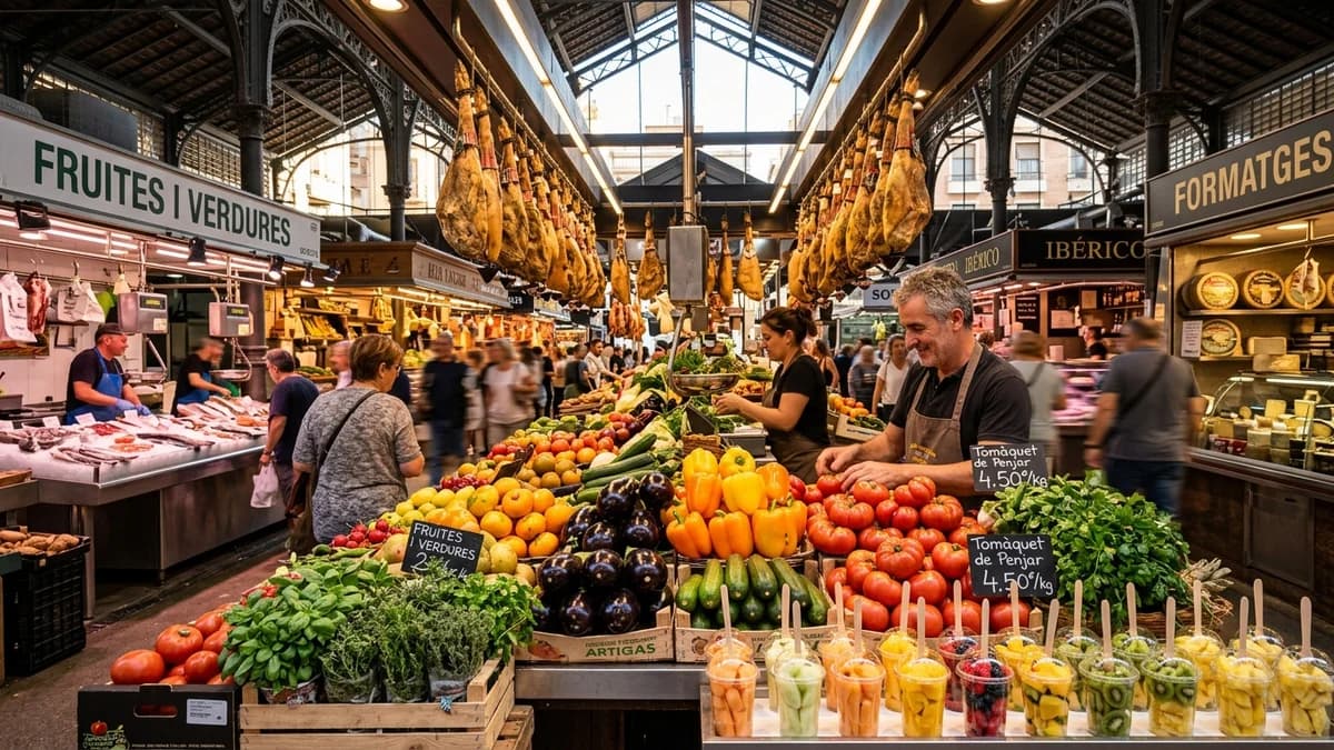 Colorful fresh produce stall at La Boqueria market in Barcelona