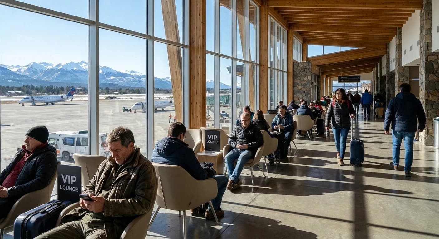 Arrivals terminal at Bariloche's Teniente Luis Candelaria Airport with Andean backdrop